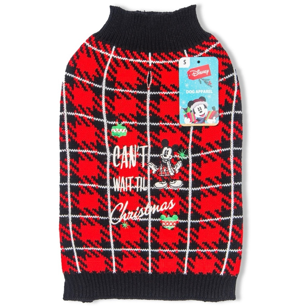 Disney’s Mickey & Friends Red Plaid Dog Sweater “Can’t Wait Til Christmas” NWT